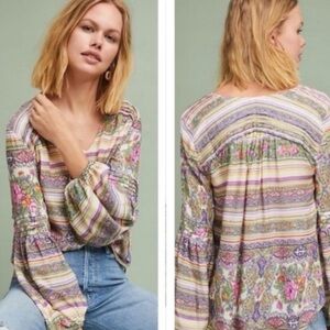 EUC Maeve Anthropologie Caresco Peasant Top Bishop Sleeves Cabbage Roses S